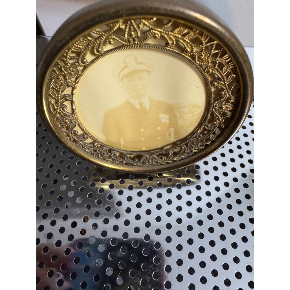 Vintage Round Brass Filigree Picture Frame Red Velvet Back Easel Stand 3.5 Inch